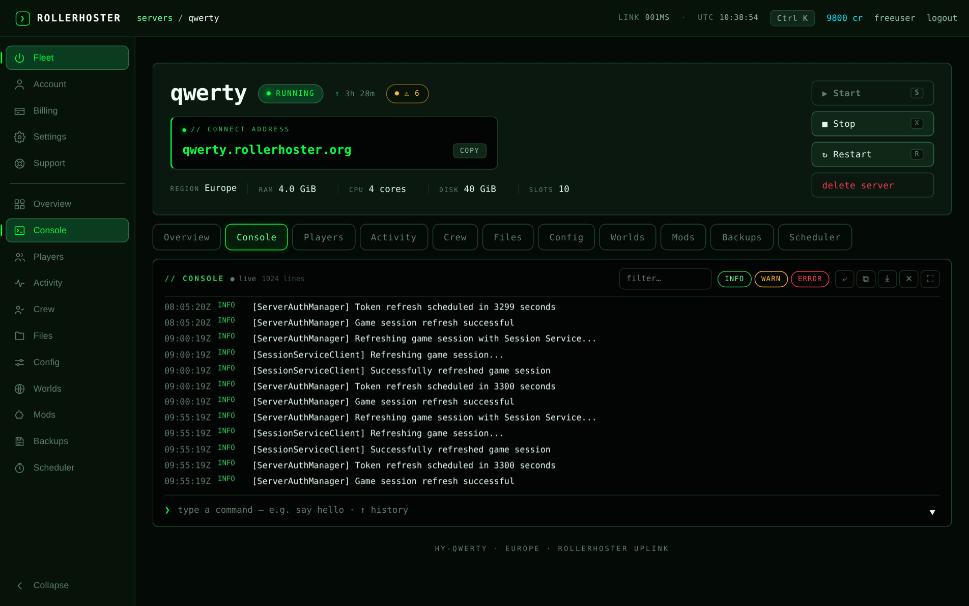 Live server console streaming logs in real time