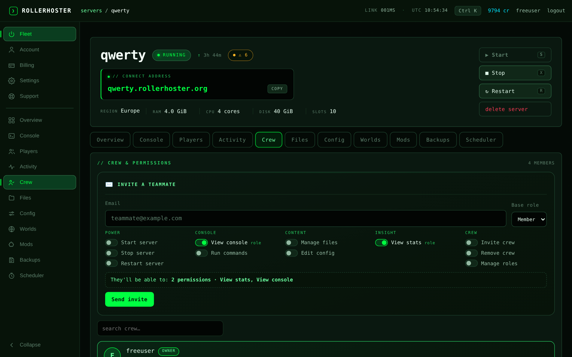 Crew and permissions — invite teammates with fine-grained roles