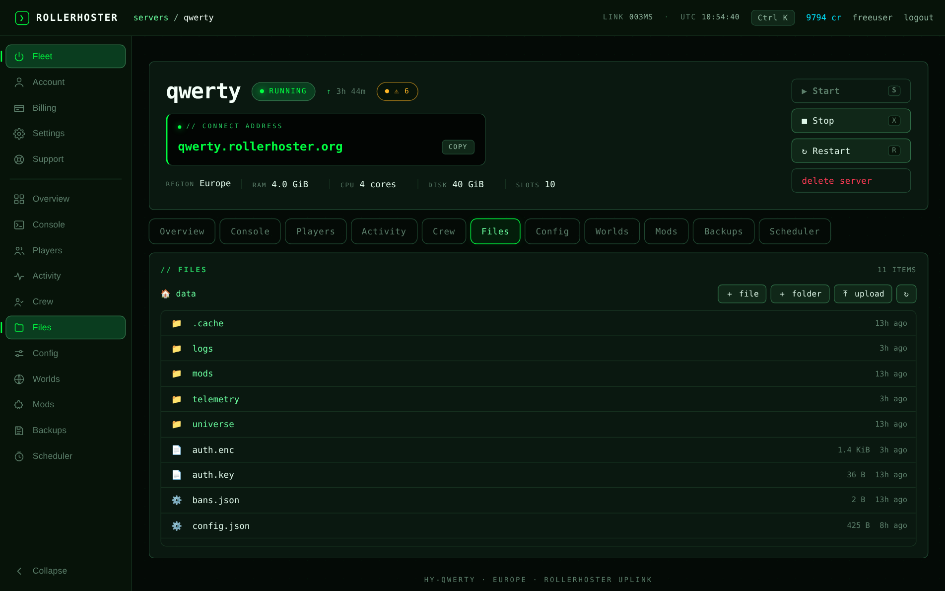 Built-in file manager browsing the server's folders and files