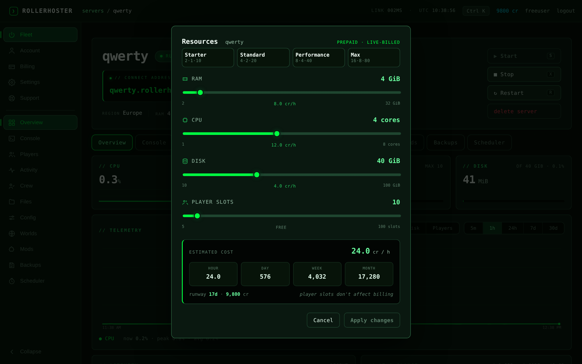 Resource editor with RAM, CPU, disk and player-slot sliders and live per-hour pricing
