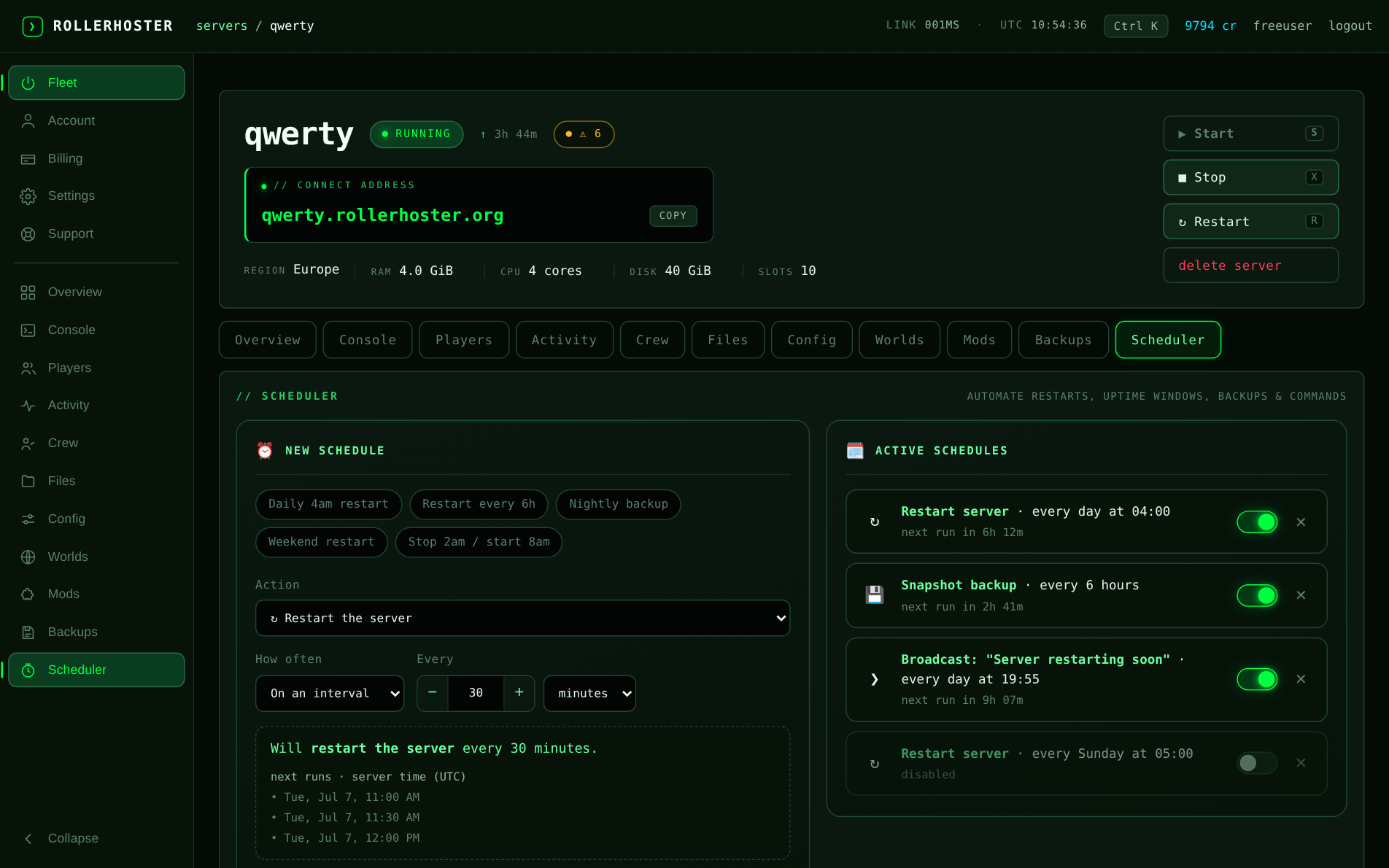Scheduler with a schedule builder and active automated jobs